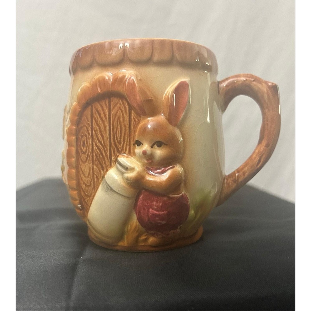 Vintage Cottage Ware Bunny Rabbit Milk Can Mug 3D Relief Ceramic Made In Japan